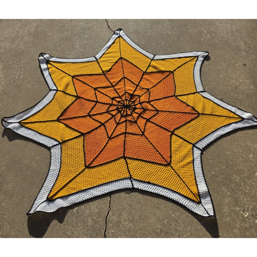 Handmade Crochet Spider Web Blanket Candy Corn Orange Yellow Star Throw 6 ft